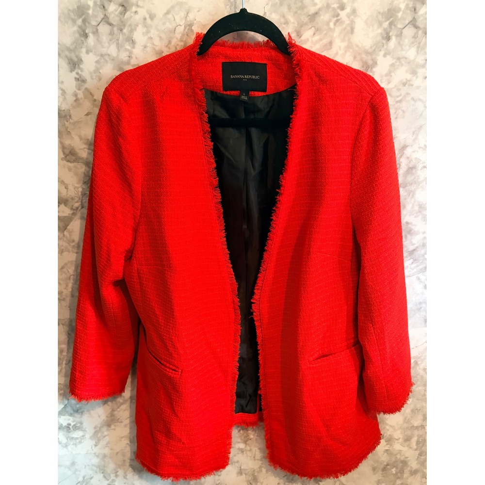 Banana Republic Women's Red Fringe Edge Open Front Textured Blazer Jacket Size L